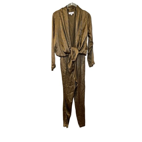 Mable Satin Tie-Front Plunge Jumpsuit Bronze-Olive Tapered Club Formal Size S - Picture 1 of 7